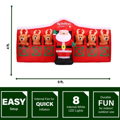 Fraser Hill Farm 4' Pre-Lit Inflatable Santa in Reindeer Stable (FHFRDRSTBLE041-L)