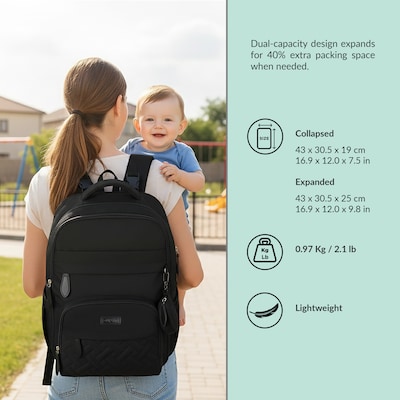 DUKAP Baby Pro Expandable Diaper Backpack, Large, Black (BDKBAB17BLK)