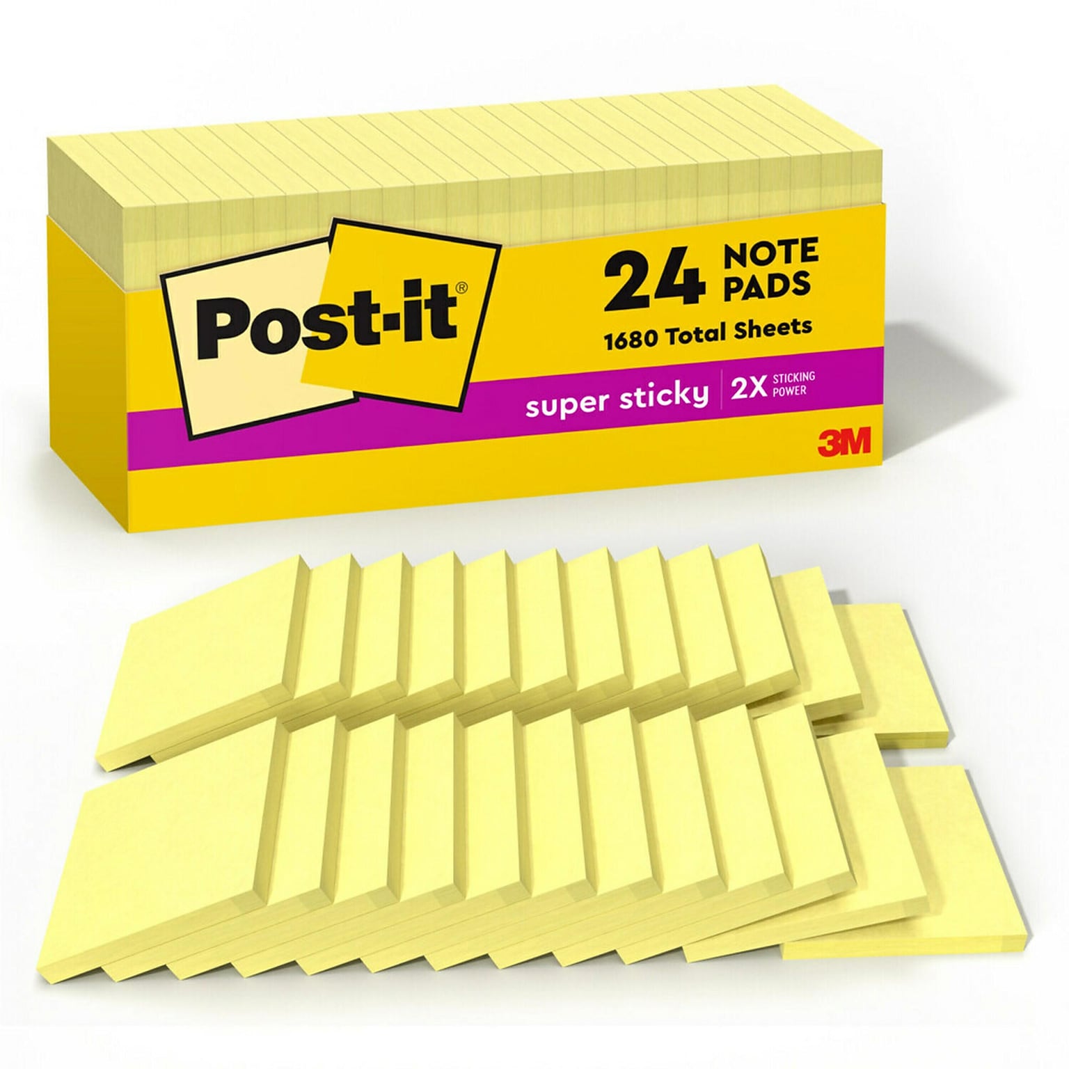 Post-it Super Sticky Notes, 3 x 3, Canary Collection, 90 Sheet/Pad, 24 Pads/Pack (65424SSCP)