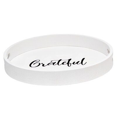 Elegant Designs "Grateful" Decorative 13.75" Round Wood Serving Tray w/ Handles, White Wash (HG2013-WGT)