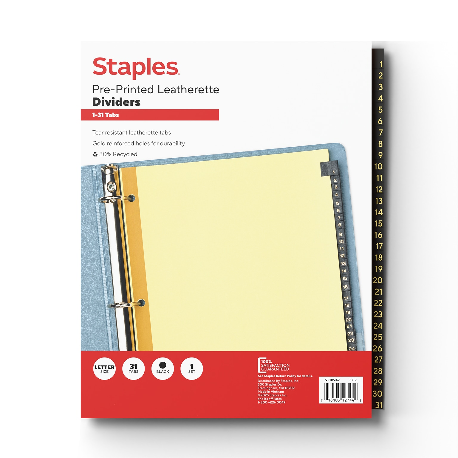 Staples Numeric Pre-Printed Leatherette Dividers, 31 Tabs, Black (18947/11485)