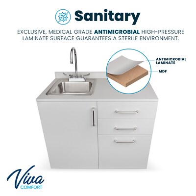 Viva Comfort 36.32"H x 36"W Exam Room Medical Cabinet With Sink, 3-Drawers, Gray (ADI902-B-36-L-GRY)