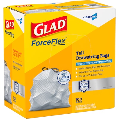 Glad ForceFlex Tall 13 Gallon Drawstring Kitchen Trash Bag, Grey, 100 Total Bags (70427)