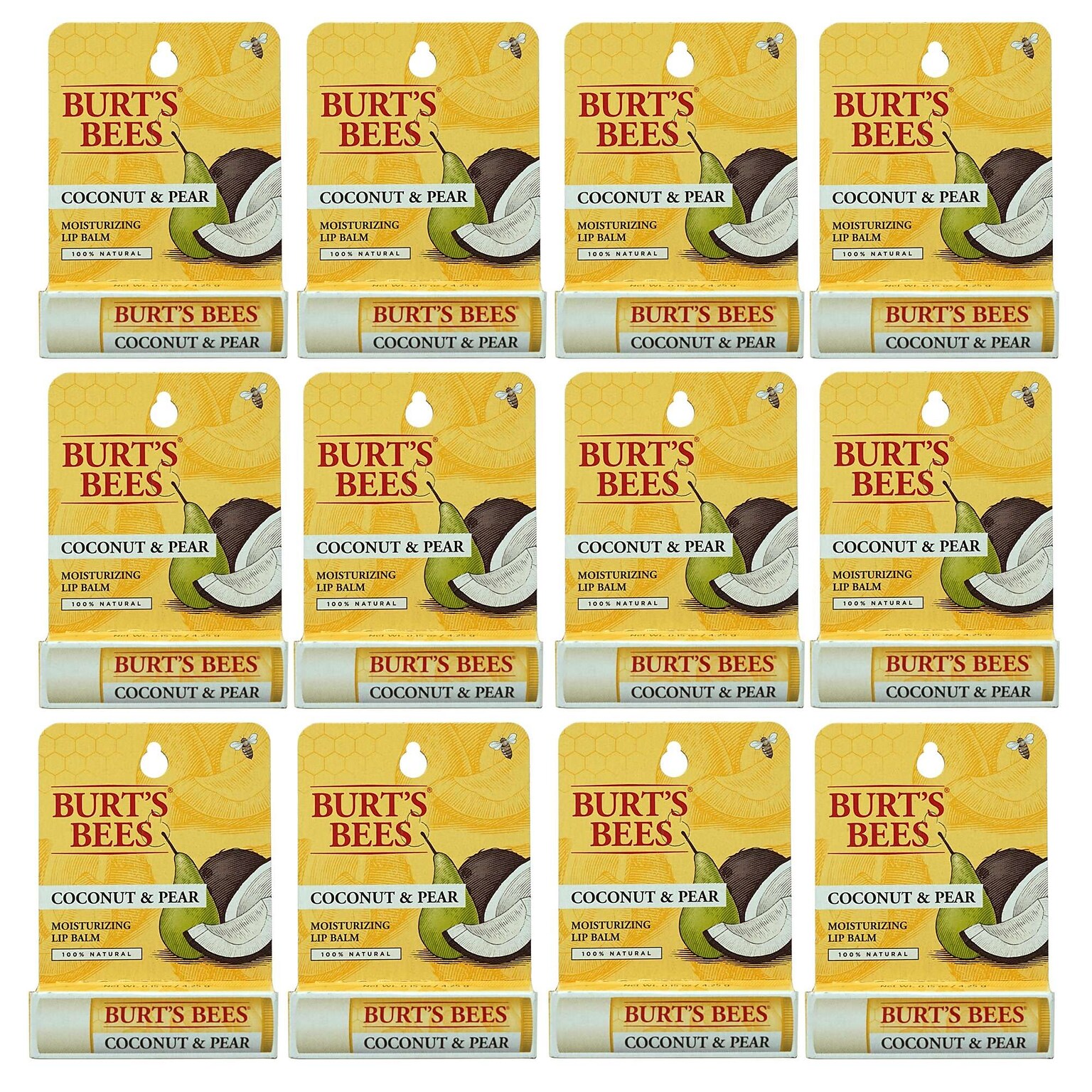 Burts Bees Coconut & Pear Lip Balm, 0.15 oz Tube, 12 Tubes/Bag, 10 Bags/Carton