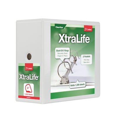 Cardinal XtraLife Slant-D Non-Stick Locking ClearVue Heavy Duty 6 3-Ring View Binders, D-Ring, Whit