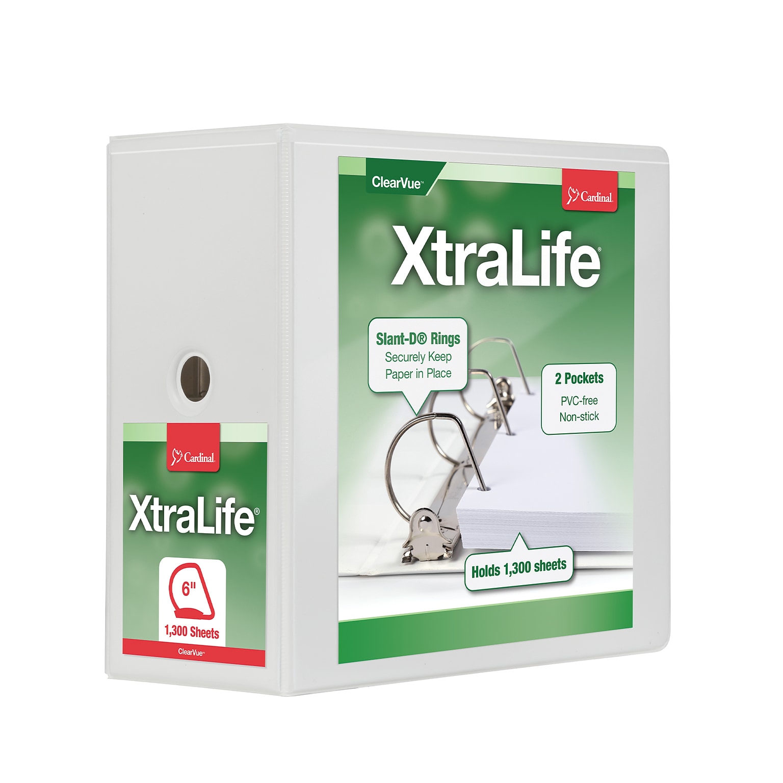 Cardinal XtraLife Slant-D Non-Stick Locking ClearVue Heavy Duty 6 3-Ring View Binders, D-Ring, White (26360)