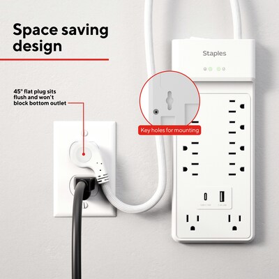 Staples TECH 10-Outlet 2-USB Port Surge Protector, 6', 3000 Joules, White (ST62776)