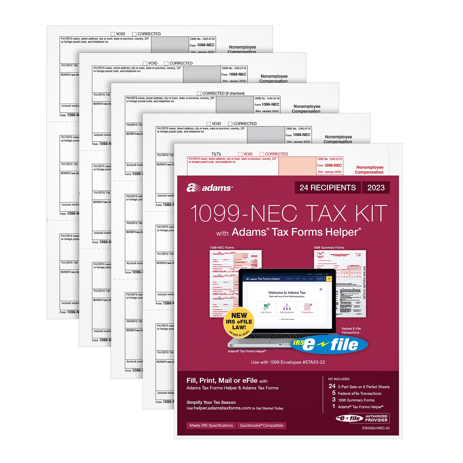 Adams 2023 1099-NEC Tax Forms Kit with Adams Tax Forms Helper and 5 Free eFiles, 24/Pack (STAX5241NEC-23)