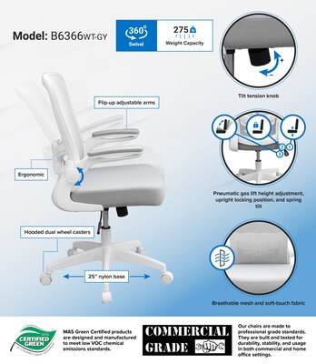 Boss Flip Arm Ergonomic Mesh/Fabric Swivel Task Chair, Gray/White (B6366WT-GY)