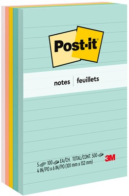 Post-it Notes, 4 x 6, Beachside Café Collection, Lined, 100 Sheets/Pad, 5 Pads/Pack (660-5PK-AST)