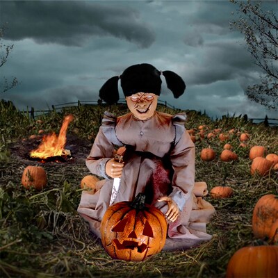 Haunted Hill Farm Lunging Pumpkin Carver Zombie Girl with Jack O'Lantern by Tekky (HHPMPCVR-FLSA)