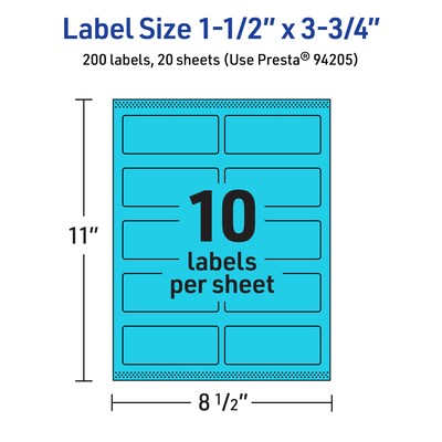 Avery Laser/Inkjet Multipurpose Rectangle Labels, 1.5" x 3.75", Bright Blue, 200/Pack (94205)