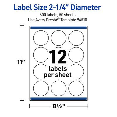 Avery Round Laser Multipurpose Labels, 2.25" Dia., White, 600/Box (19479399442)