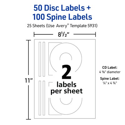 Avery Printable CD Labels, Removable, Laser/Inkjet, Matte White, 50 CD Labels & 100 Spine Labels/Pack (5931)