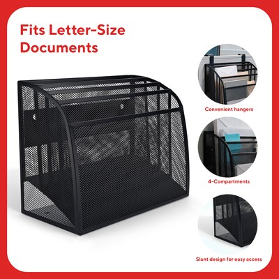 TRU RED Mesh Letter Wall File, 4-Pocket Hanging Organizer, Black – Vertical Wall-Mounted File Sorter for Mail & Documents