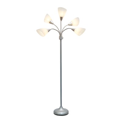 Simple Designs 67 Silver Metal Medusa Floor Lamp with 5 Adjustable White Cone Shades (LF2006-SVW)
