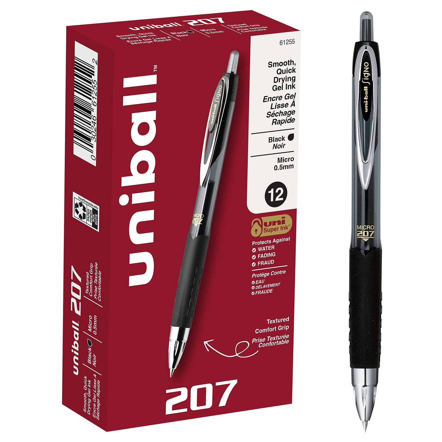 uni-ball 207 Retractable Gel Pens, Micro Point, 0.5mm, Black Ink, Dozen (61255)