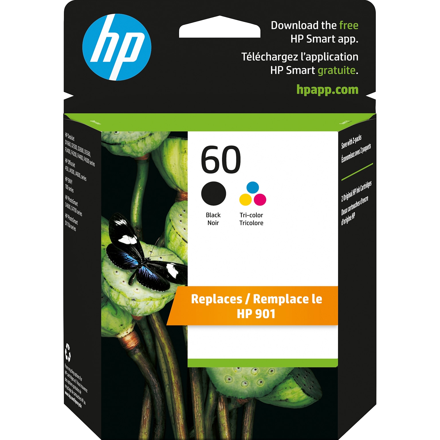 HP 60 Black/Tri-Color Standard Yield Ink Cartridge, 2/Pack (N9H63FN#140)