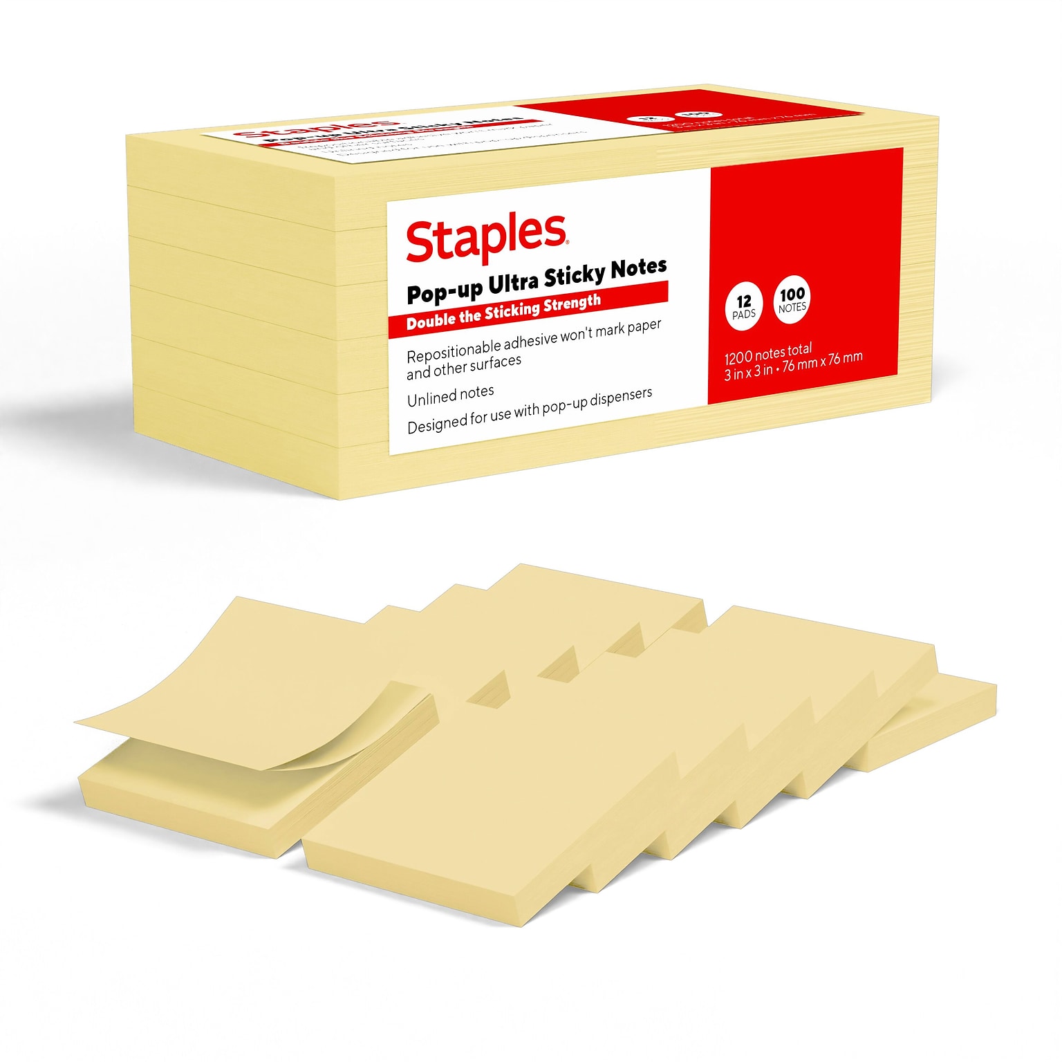 Staples Pop-up Ultra Sticky Notes, 3 x 3, Sunshine Collection, 100 Sheets/Pad, 12 Pads/Pack (ST62896)