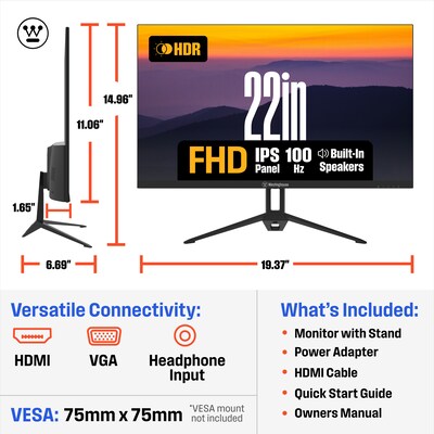 Westinghouse 22" FHD 100Hz LED Adaptive-Sync Monitor, HDR, Built-In Speakers, Black (WH22FA9600)
