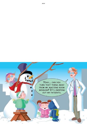 Snowman creeping Dr out with kids - 7 x 10 scored for folding to 7 x 5, 25 cards w/A7 envelopes per