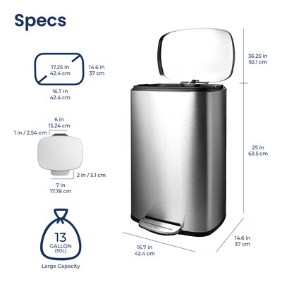NineStars Stainless Steel Indoor Step-On Trash Can, 13.2 Gallons, Silver (SOT-50-8)