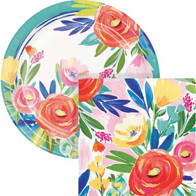 Say Hooray! Fragrant Florals Spring Disposable Paper Plates and Napkins Set, 48/Pack (DTC9629E2G)