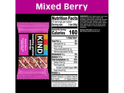 KIND Healthy Grains Gluten Free Mixed Berry Energy Bar, 1.4 oz., 10 Bars/Box (67073)