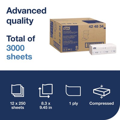 Tork Xpress Compressed Multifold Paper Towels, 1-Ply, 250 Sheets/Pack, 12 Packs/Carton (424834)