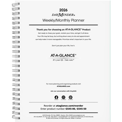 2026 AT-A-GLANCE DayMinder Executive 8.75" x 7" Weekly & Monthly Planner Refill Pages, White (G545-50-26)