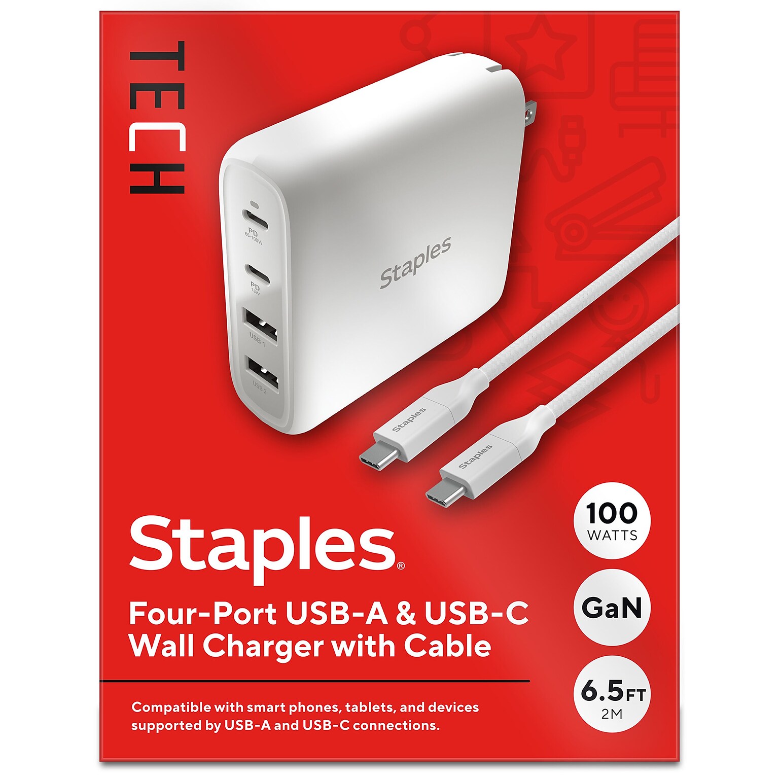 Staples TECH GaN USB-A/USB-C Wall Charger with Cable, 100W, White (ST62314)