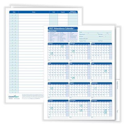 ComplyRight 2027 Attendance Calendar File Folder, 25 Forms/Pack (A3050)