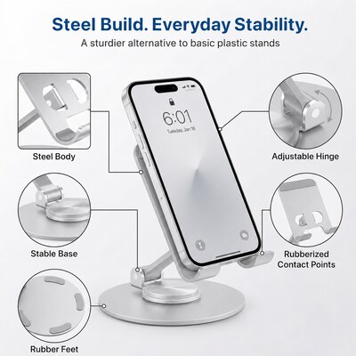 Uncaged Ergonomics 360° Swivel Adjustable Cell Phone Desktop Stand, Silver (SPS-Silver)
