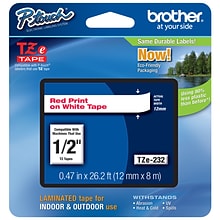 Brother P-touch TZe-232 Laminated Label Maker Tape, 1/2 x 26-2/10, Red On White (TZe-232)