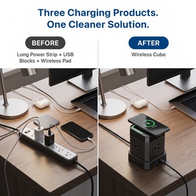 Uncaged Ergonomics Wireless Cube Power Strip with 15W Wireless Charger, 4 AC Outlets, 4 USB Ports, 10' Cord, Black (WC-10-B)