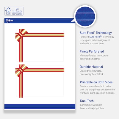 Avery Gold-Red Gift Bow Matte Blank Card, White, 20/Pack (S00-FFT)