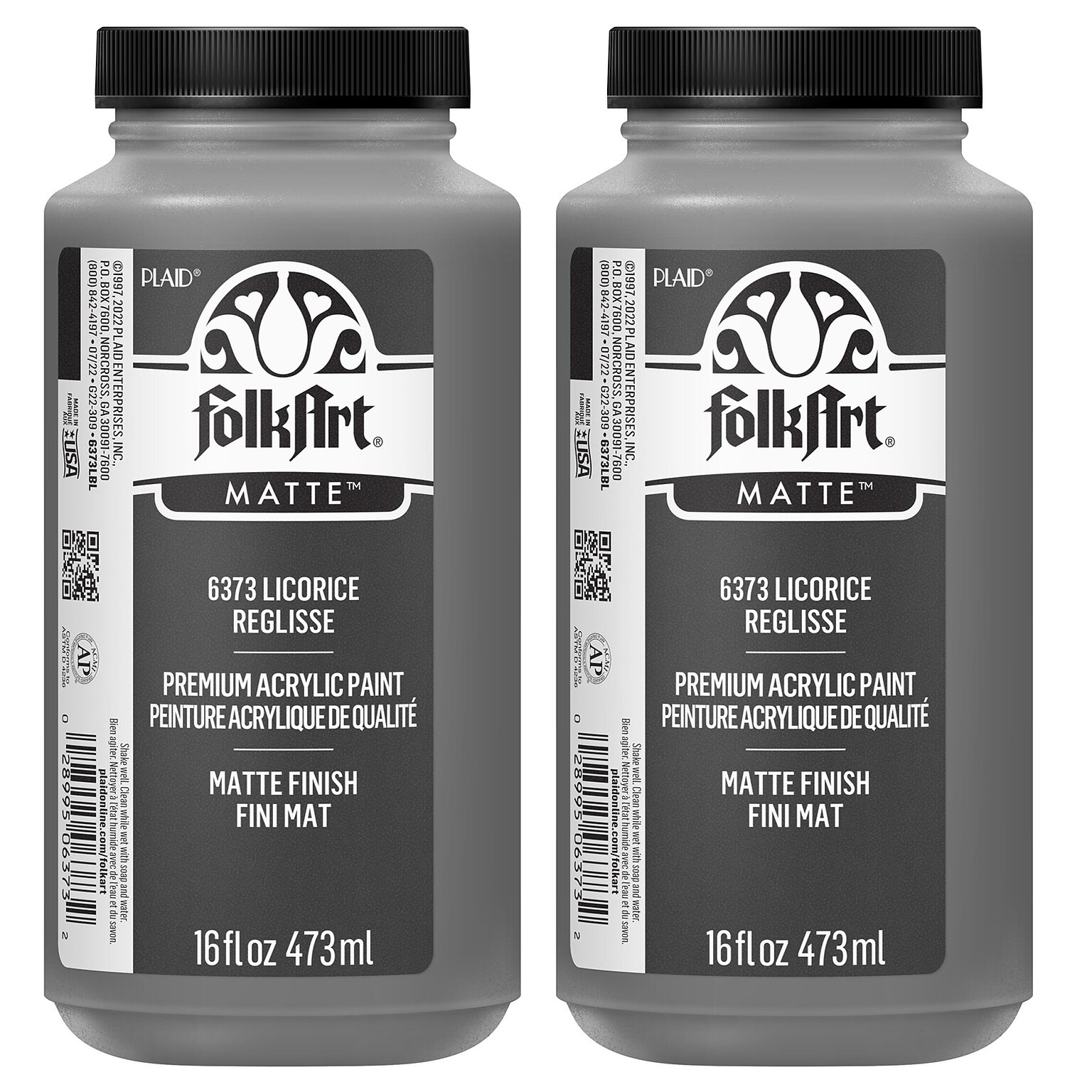FolkArt Acrylic Paint Matte, 16oz., Licorice, 2/Pack (FLK6373-2)