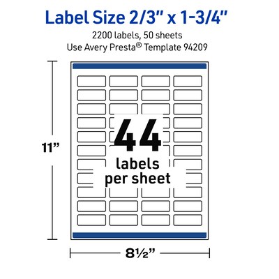 Avery Waterproof Rectangle Laser Multipurpose Labels, 2/3" x 1-3/4", White, 2200/Box (19479399218)