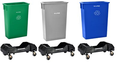 Alpine Industries Polypropylene Recycling Bin with Dolly, 23 Gallon, Assorted Colors, 3/Pack (ALP477-BGL-PKD)