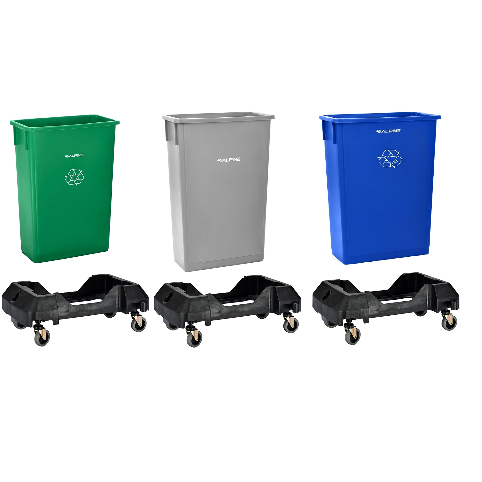 Alpine Industries Polypropylene Recycling Bin with Dolly, 23 Gallon, Assorted Colors, 3/Pack (ALP477-BGL-PKD)