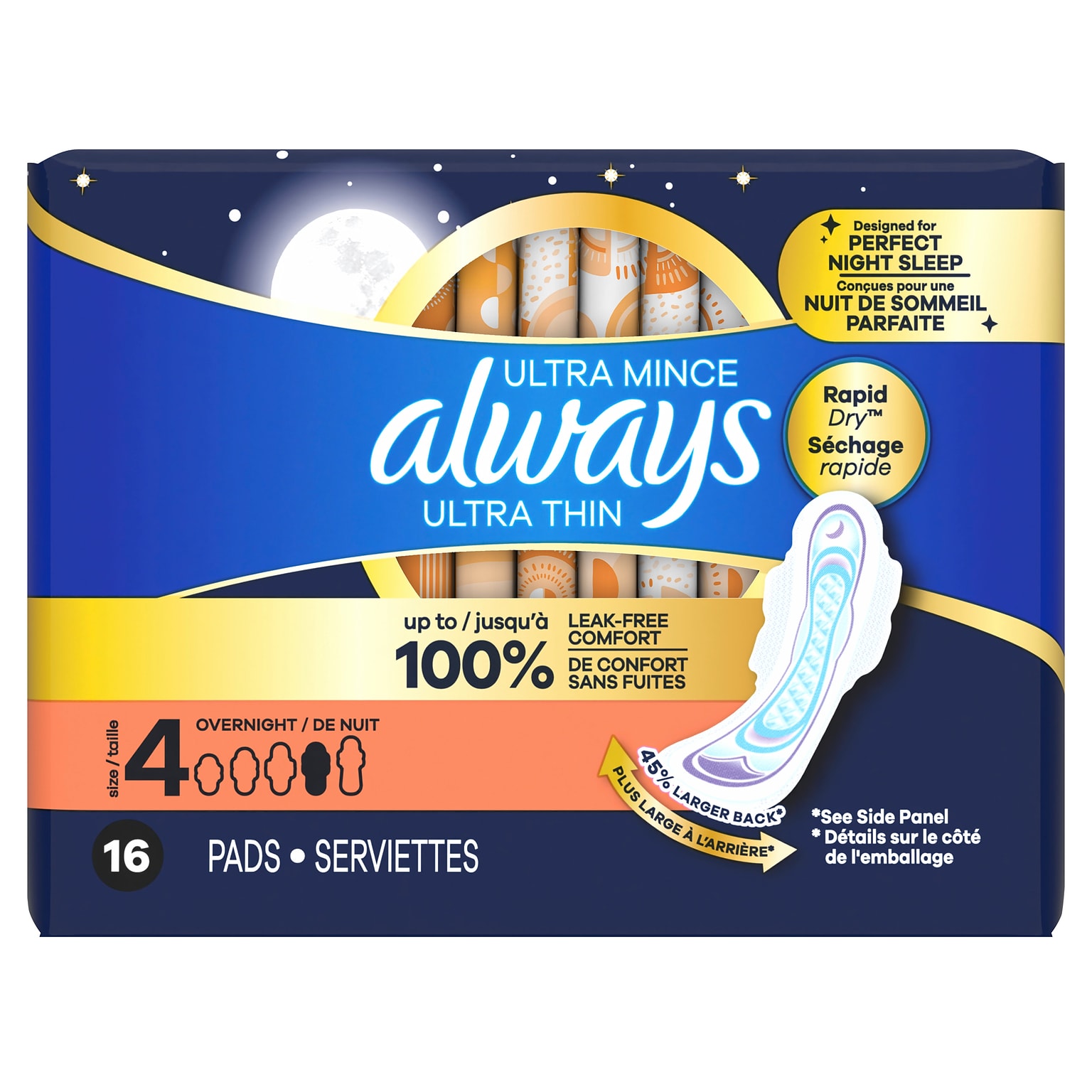 Always Ultra Thin Overnight Cotton Maxi Pads with Wings, Size 4, 16/Pack, 6 Packs/Case (12851)