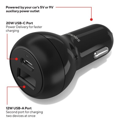 Staples TECH USB-A/USB-C Car Charger, 32W, Black (ST62340)