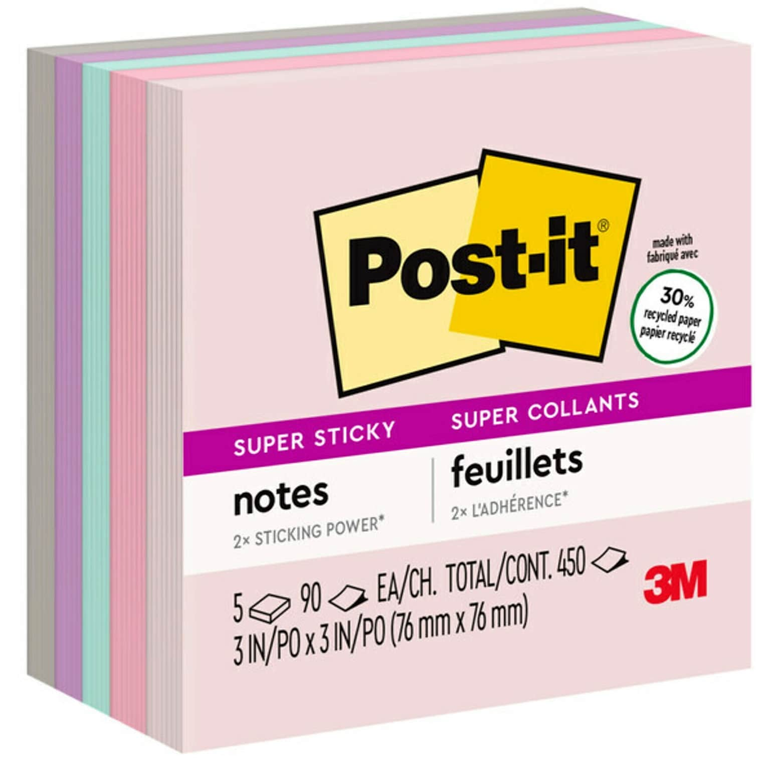 Post-it Recycled Super Sticky Notes, 3 x 3, Wanderlust Pastels Collection, 90 Sheet/Pad, 5 Pads/Pack (654-5SSNRP)