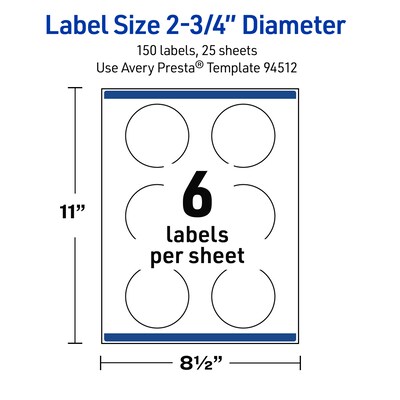 Avery Round Laser Multipurpose Labels, 2.75" Dia., White, 150/Pack (19479399445)