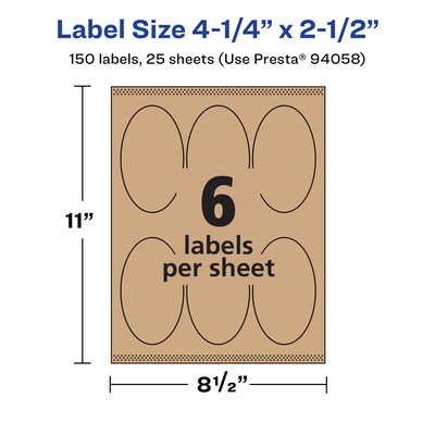 Avery Laser/Inkjet Oval Multipurpose Labels, 4.25" x 2.5", Kraft Brown, 150 Labels/Pack ( 94058)