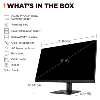 HP OMEN 27" QHD 180Hz LCD AMD FreeSync Gaming Monitor, HDR 400, Height Adjustable, Black (AV4H6AA#ABA)