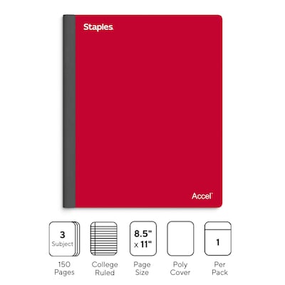 Staples Premium 3-Subject Notebook, 8.5" x 11", College Ruled, 150 Sheets, Red (ST58332)