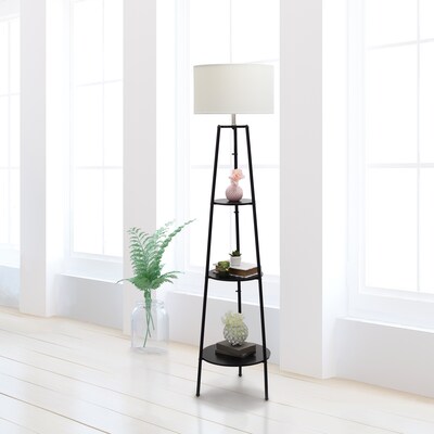 Simple Designs 62.5" Tall Modern Tripod 3 Tier Shelf Standing Floor Lamp with White Drum Fabric Shade, Black (LF2015-BLK)