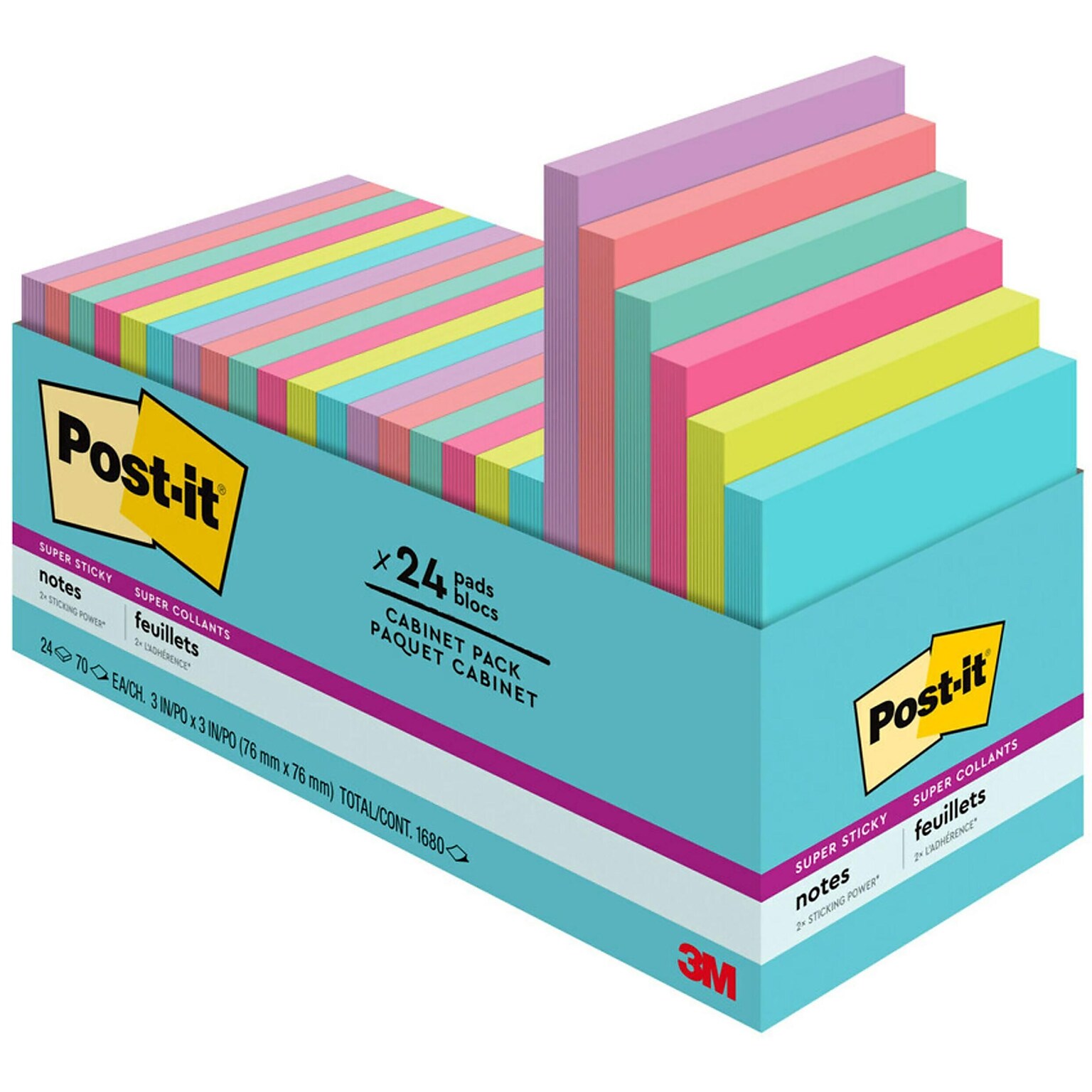 Post-it Super Sticky Notes, 3 x 3, Supernova Neons, 70 Sheets/Pad, 24 Pads/Pack (654-24SSMIA-CP)