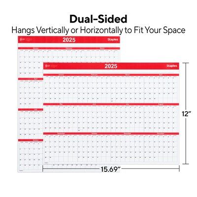 2025 Staples 15.69" x 12" Dry Erase Wall Calendar, Red/White (ST53905-25)